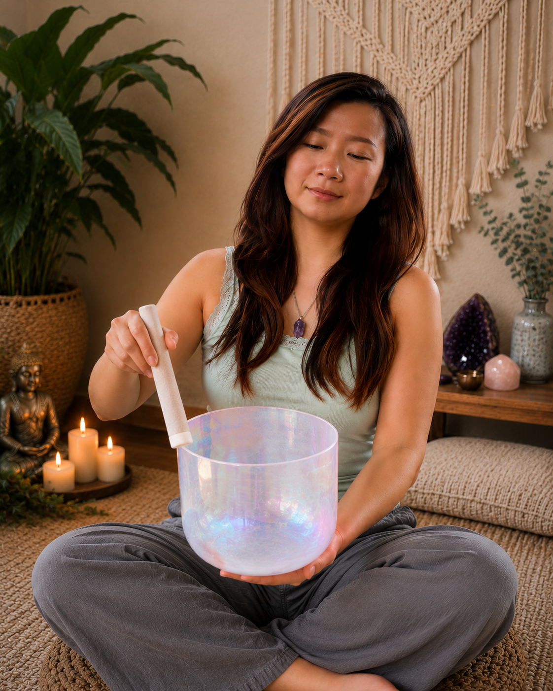 Melinda Chuah with a crystal singing bowl, from the original Meet Melinda page